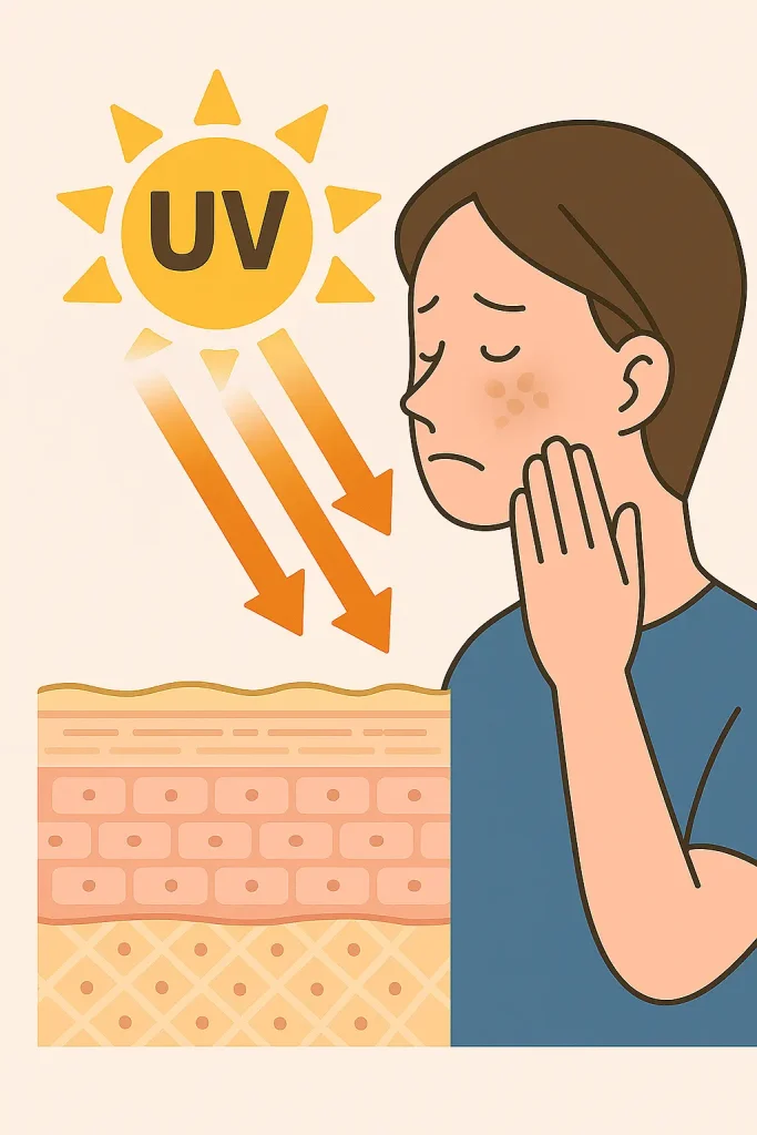 紫外線(UV）を肌に受けて、シミなどの肌トラブルを気にしているイラスト